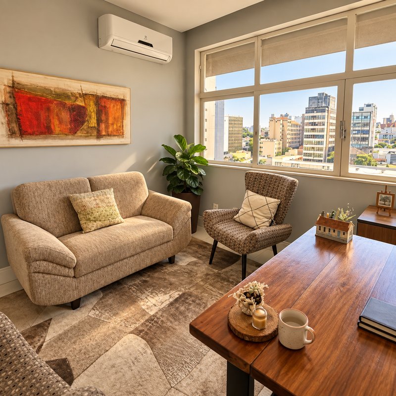 Sala com sofá, mesa de madeira e janela ampla